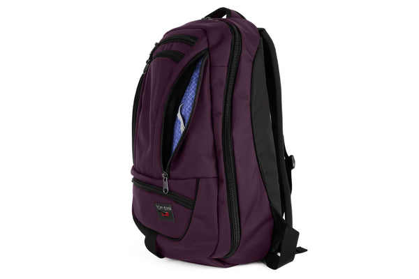 Purple backpack with black straps on a white background.